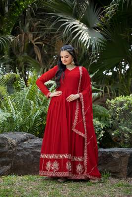 Red georgette zari sequins embroidery flared gown with heavy dupatta 4