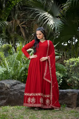 Red georgette zari sequins embroidery flared gown with heavy dupatta