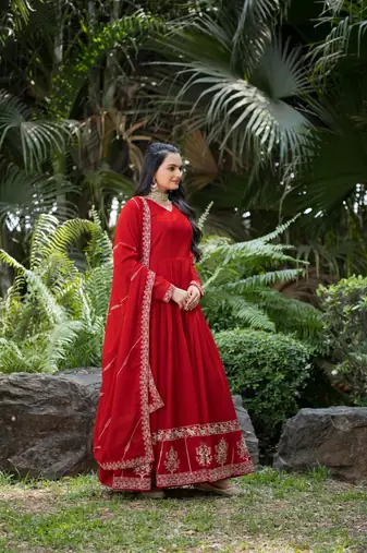 Red georgette zari sequins embroidery flared gown with heavy dupatta