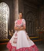 White Jacqurd Cotton Thread Embroidered with Mirror Work Semi Stitched Lehenga Choli with Dupatta