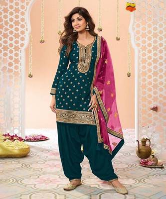 Peacock blue heavy jacquard silk semi stitched patiyala suits 1