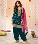 Peacock blue heavy jacquard silk semi stitched patiyala suits