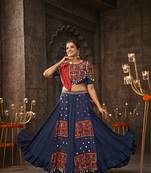 Blue Viscose Rayon Thread Embroidered with Mirror Work Semi Stitched Lehenga Choli & Dupatta