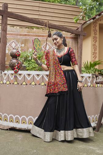Black Viscose Rayon Embroidered Work with Mirror Pasting All Over Lehenga with Choli with Dupatta