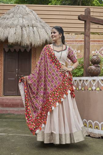 Beige Viscose Rayon Embroidered Work with Mirror Pasting All Over Lehenga with Choli with Dupatta