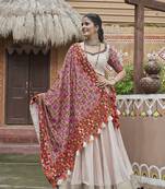 Beige Viscose Rayon Embroidered Work with Mirror Pasting All Over Lehenga with Choli with Dupatta