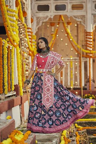 Black Pink Maslin Cotton Mirror Pasting Work Lehenga Choli with Dupatta