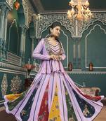 Lavender Poly Maska Silk Printed All Over Mirror Work Lehenga with Embroidered Work Jacket with Choli