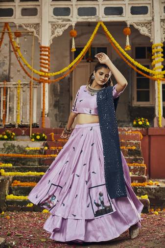 Dusty Pink Silk Digital Printed Work Navratri Lehenga Choli with Dupatta