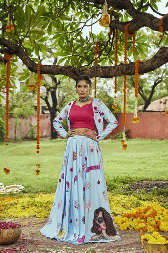 Sky Blue Maslin Cotton All Over Tessals Pasting Work Lehenga Choli with Dupatta & Koti