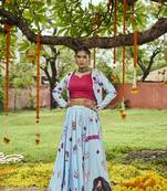 Sky Blue Maslin Cotton All Over Tessals Pasting Work Lehenga Choli with Dupatta & Koti