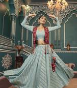 Pista Green Viscose Rayon Pingment Foil Print Lehenga & Choli with Embroidered Work Jacket Free size fully stitched