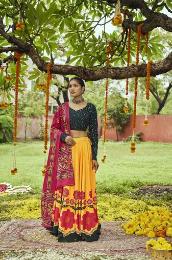 Yellow Green Maslin Cotton Mirror Pasting Work Lehenga Choli with Dupatta