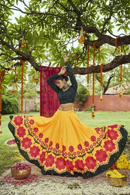 Yellow Green Maslin Cotton Mirror Pasting Work Lehenga Choli with Dupatta 3