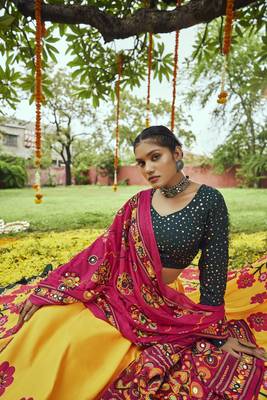 Yellow Green Maslin Cotton Mirror Pasting Work Lehenga Choli with Dupatta 4