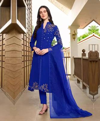 Blue hand embroidery georgette stitched a line trouser kurta & dupatta  1