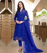 Blue hand embroidery georgette stitched a line trouser kurta & dupatta 