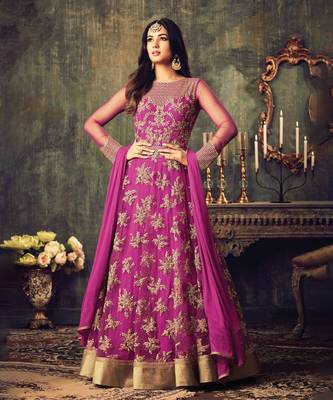 Magenta Net Golden Threadwork Embroidered Anarkali Suit 1