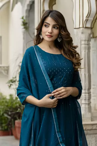 Trendmalls Dark Blue Santoon Anarkali Dress 3 pieces Salwar Kameez set
