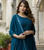 Trendmalls Dark Blue Santoon Anarkali Dress 3 pieces Salwar Kameez set