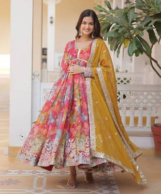 Women's pink printed russain silk with embroidered zari sequins work wedding gown 1
