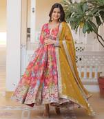 Women's pink printed russain silk with embroidered zari sequins work wedding gown