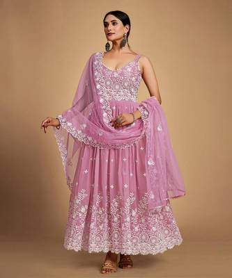 Pink Embroidered Georgette Stitched Anarkali Suit (Size Upto 42) Up To 42" Size 3