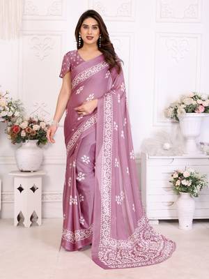 Mauve blocked printed hand batik chiffon georgette saree 1