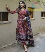 Brown printed cotton kurta pant with dupatta
