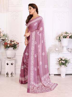 Mauve blocked printed hand batik chiffon georgette saree 2