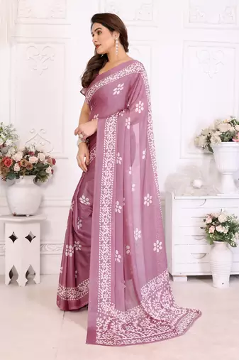 Mauve blocked printed hand batik chiffon georgette saree