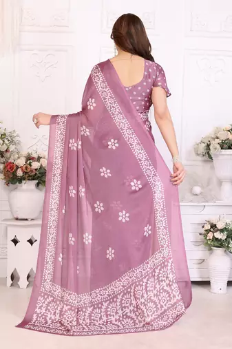 Mauve blocked printed hand batik chiffon georgette saree