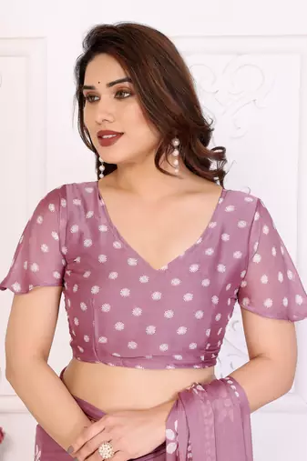 Mauve blocked printed hand batik chiffon georgette saree