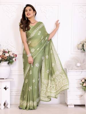 Green blocked printed hand batik chiffon georgette saree 1