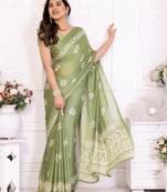 Green blocked printed hand batik chiffon georgette saree