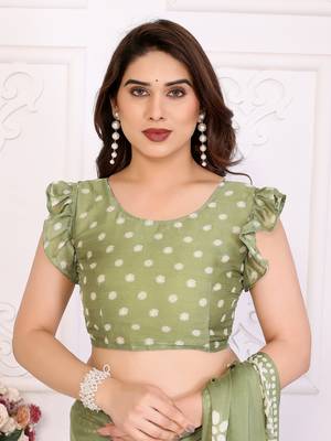 Green blocked printed hand batik chiffon georgette saree 2