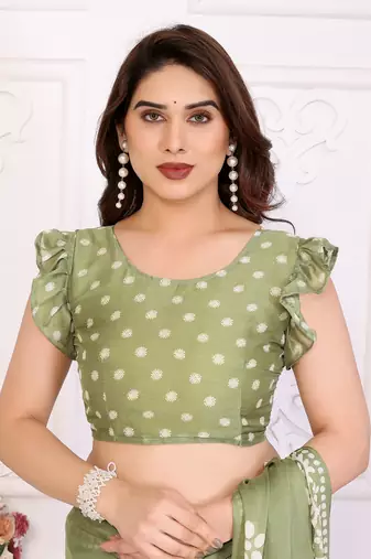 Green blocked printed hand batik chiffon georgette saree