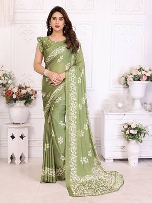 Green blocked printed hand batik chiffon georgette saree 3