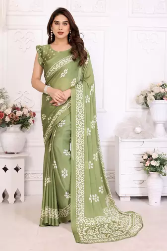 Green blocked printed hand batik chiffon georgette saree