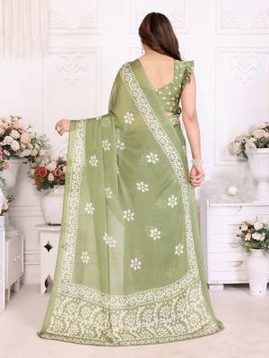 Green blocked printed hand batik chiffon georgette saree 4