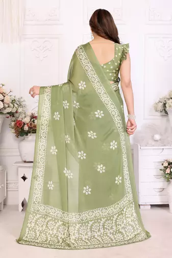 Green blocked printed hand batik chiffon georgette saree