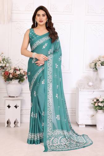 Blue blocked printed hand batik chiffon georgette saree