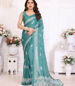 Blue blocked printed hand batik chiffon georgette saree