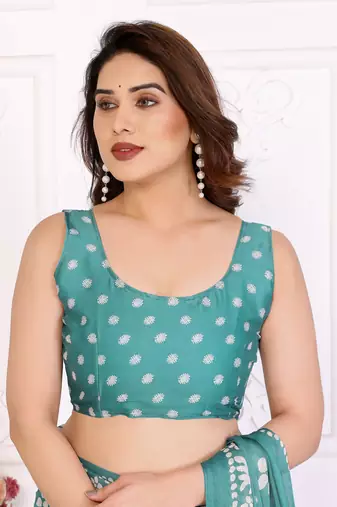 Blue blocked printed hand batik chiffon georgette saree