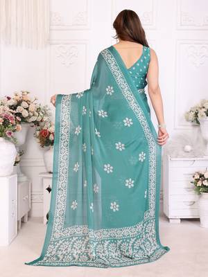 Blue blocked printed hand batik chiffon georgette saree 3