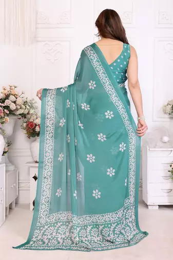 Blue blocked printed hand batik chiffon georgette saree