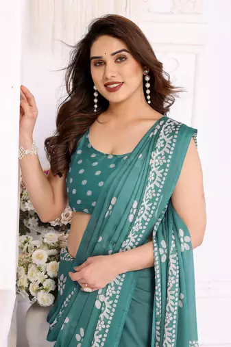 Blue blocked printed hand batik chiffon georgette saree