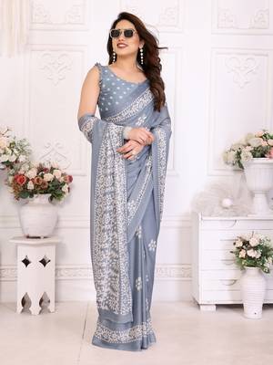 Grey blocked printed hand batik chiffon georgette saree 1