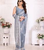 Grey blocked printed hand batik chiffon georgette saree