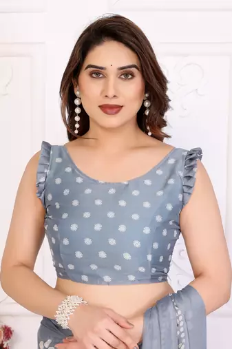 Grey blocked printed hand batik chiffon georgette saree